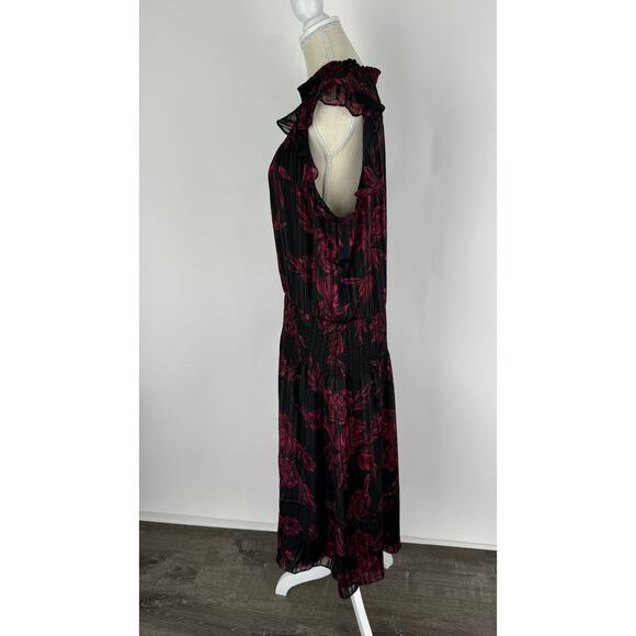 WHBM Sleeveless Smocked Waist Ruffle Midi Dress Womens XL Petite Black Red - Picture 12 of 14